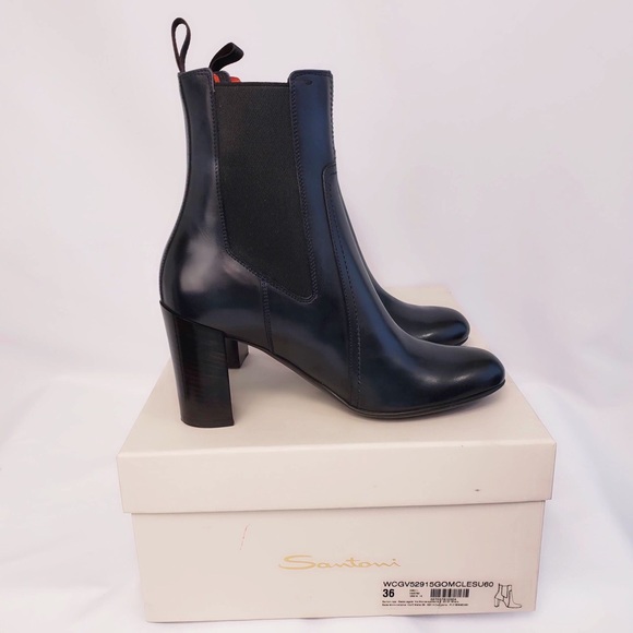 ❌ NWT Santoni Navy Blue Leather Chunky Heel Boots - Picture 6 of 7